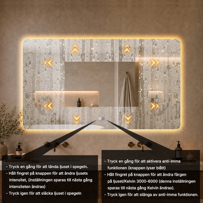 Rektangulär spegel med LED-ljus och värme, 140x80 cm