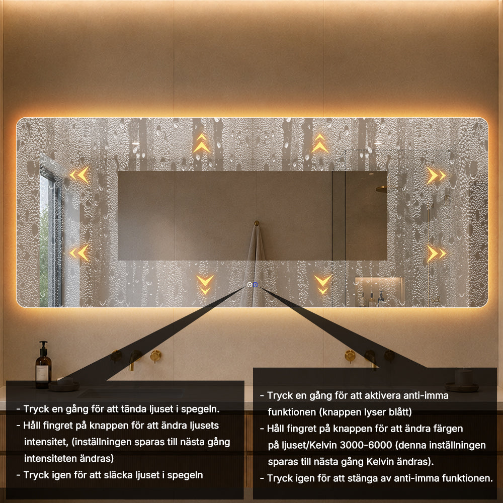 Rektangulär spegel med LED-ljus och värme 200x80 cm