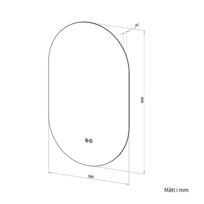 Oval spegel med LED-ljus och värme, 50x80 cm