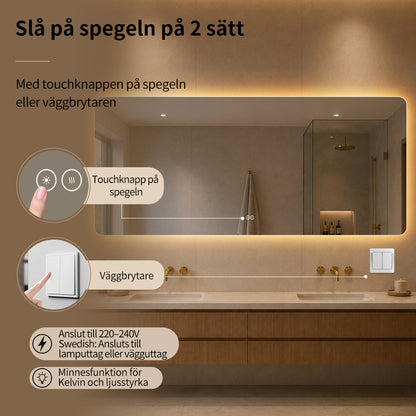 Rektangulär spegel med LED-ljus och värme 180x80 cm