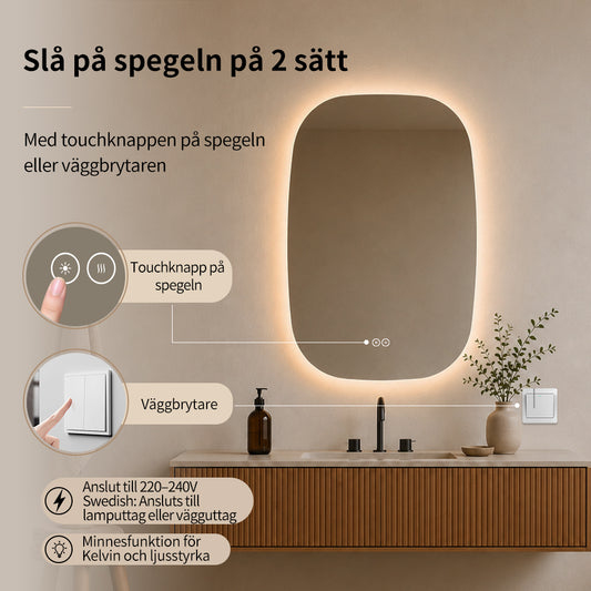 Ellipsformad spegel med LED-ljus och Antidim 60x90 cm