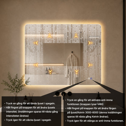 Rektangulär spegel med LED-ljus och värme, 100x80 cm