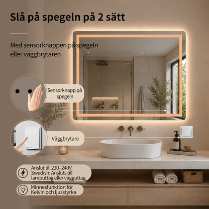 Fyrkantig spegel med Frontlight LED-ljus och värme 100x80 cm