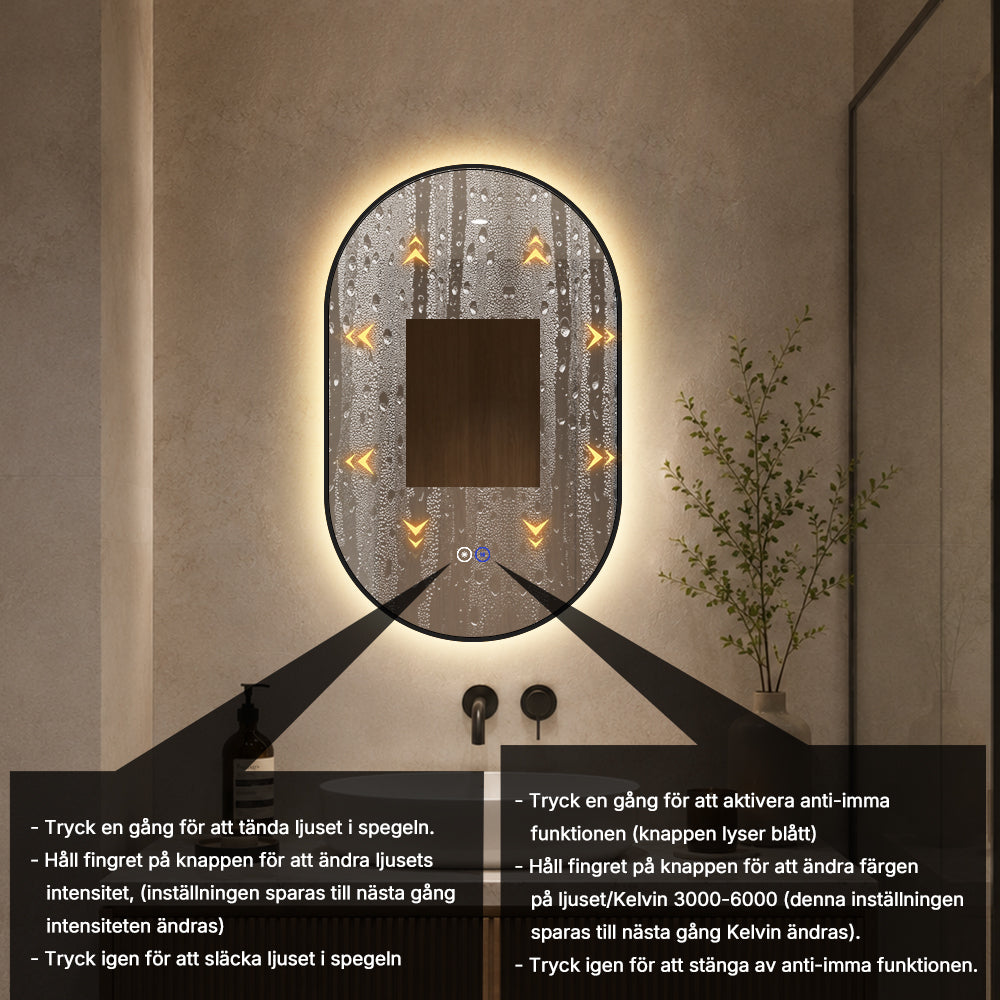 Oval spegel med LED-ljus och värme, 50x80 cm med svart ram