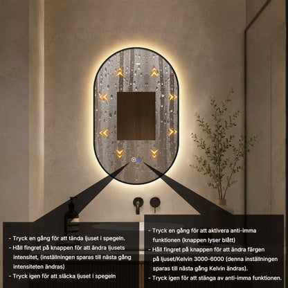 Oval spegel med LED-ljus och värme, 50x80 cm med svart ram