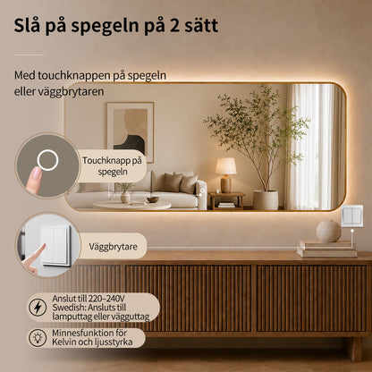 Rektangulär spegel med LED-ljus 180x80 cm - Guld ram