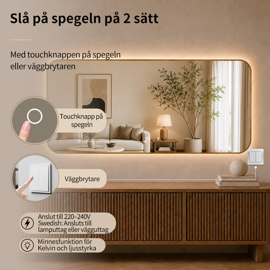 Rektangulär spegel med LED-ljus 180x80 cm - Guld ram