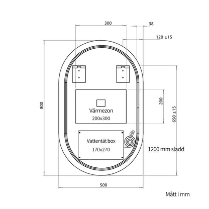 Oval spegel med LED-ljus och värme, 50x80 cm
