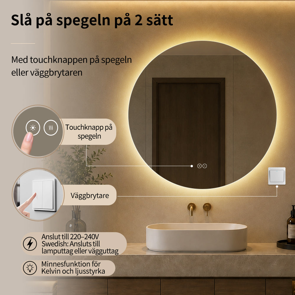 Rund spegel med LED-ljus och värme, Ø80 cm