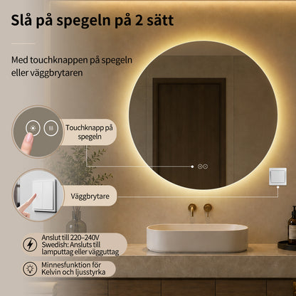 Rund spegel med LED-ljus och värme, Ø80 cm