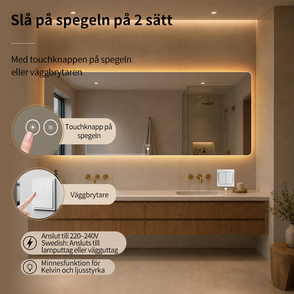 Rektangulär spegel med LED-ljus och värme 200x80 cm