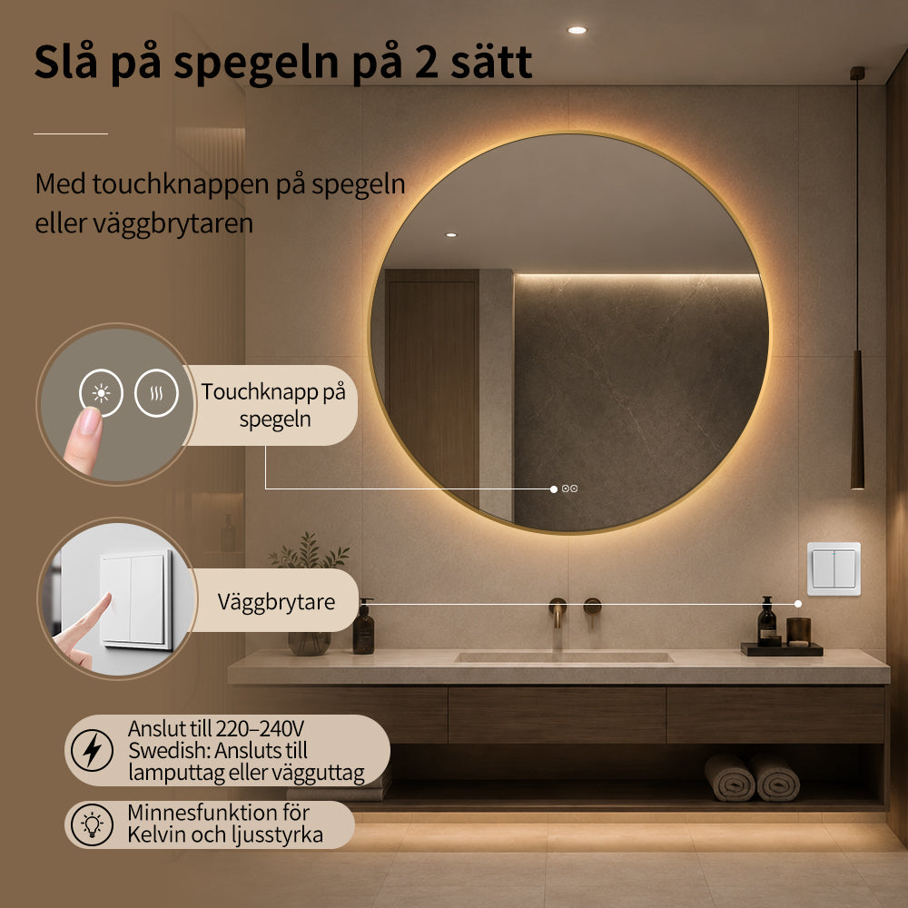 Rund spegel med LED-ljus och värme, Ø100 cm med guld ram