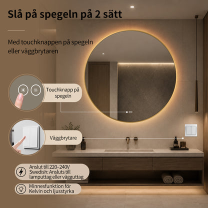 Rund spegel med LED-ljus och värme, Ø100 cm med guld ram