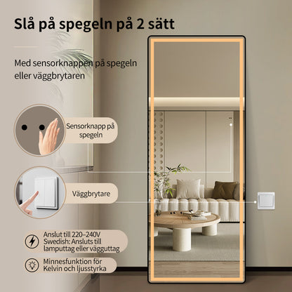 Helkroppsspegel med LED-ljus 65x165 cm för både golv och vägg