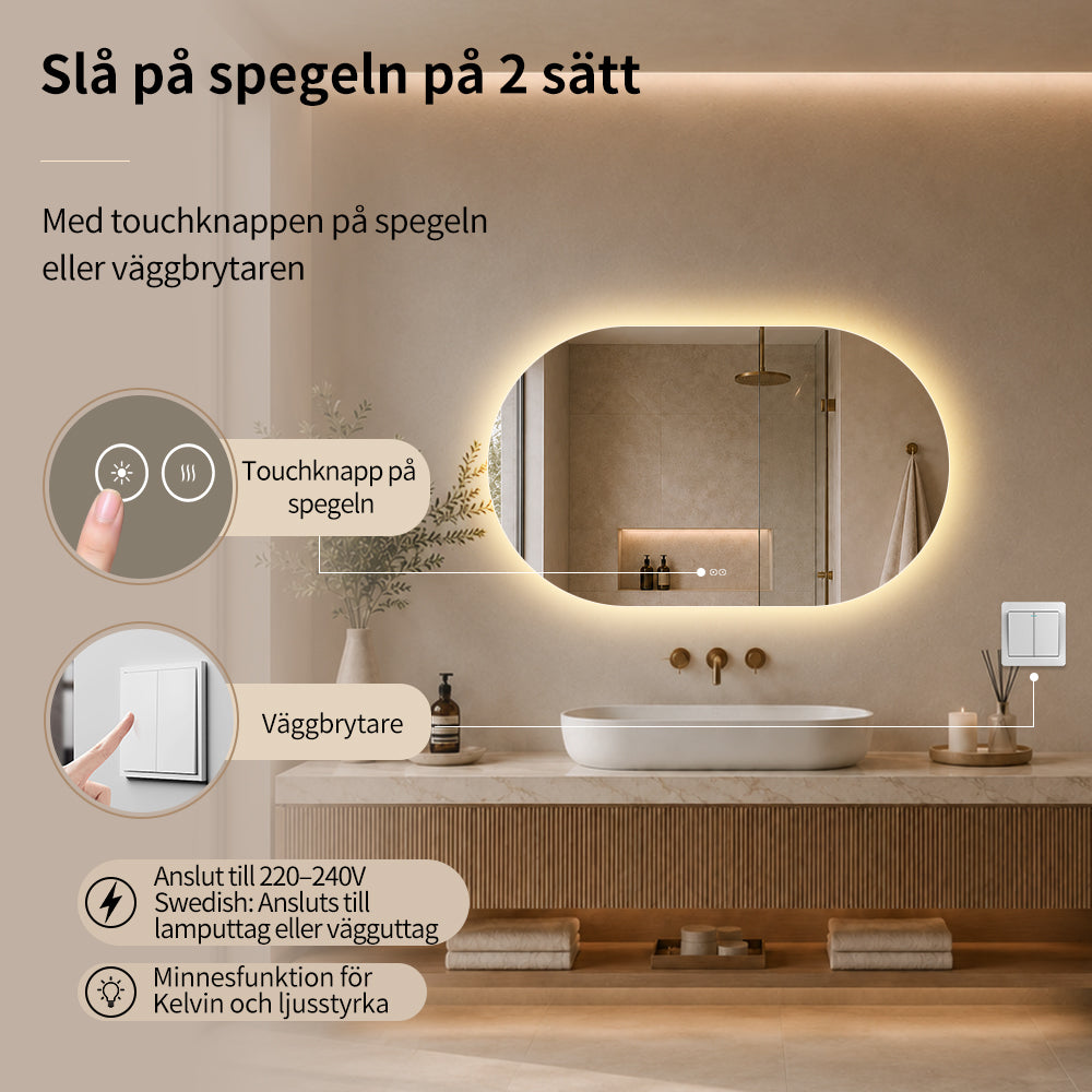 Oval spegel med LED-ljus och värme, 120x80 cm