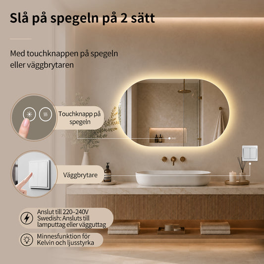 Oval spegel med LED-ljus och värme, 120x80 cm