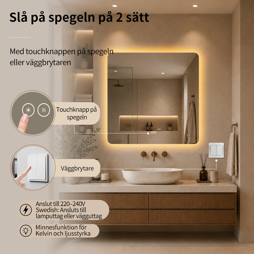 Fyrkantig spegel med LED-ljus och värme, 100x100 cm