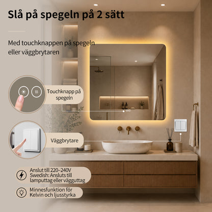 Fyrkantig spegel med LED-ljus och värme, 100x100 cm