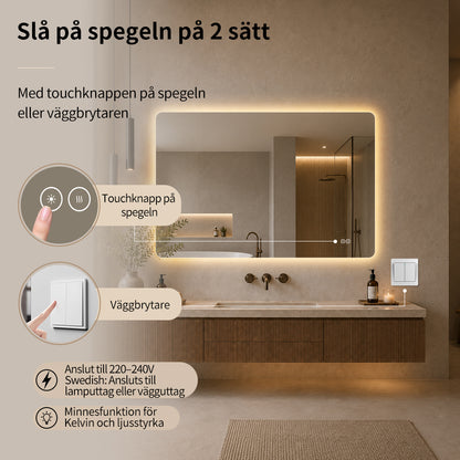 Rektangulär spegel med LED-ljus och värme, 120x80 cm