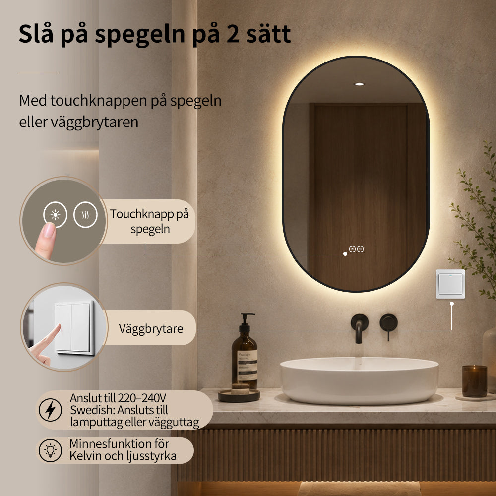 Oval spegel med LED-ljus och värme, 50x80 cm med svart ram