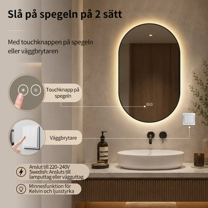 Oval spegel med LED-ljus och värme, 50x80 cm med svart ram