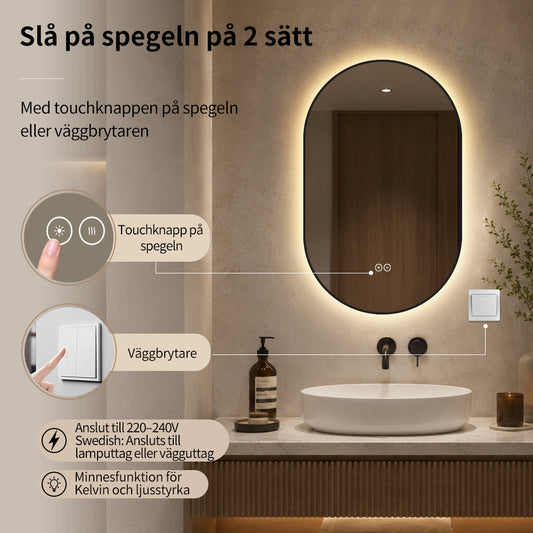 Oval spegel med LED-ljus och värme, 50x80 cm med svart ram