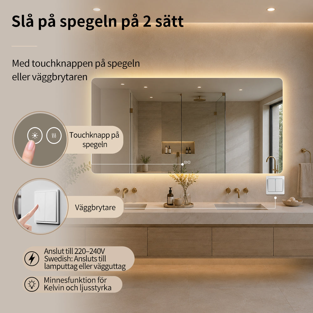 Rektangulär spegel med LED-ljus och värme, 160x80 cm