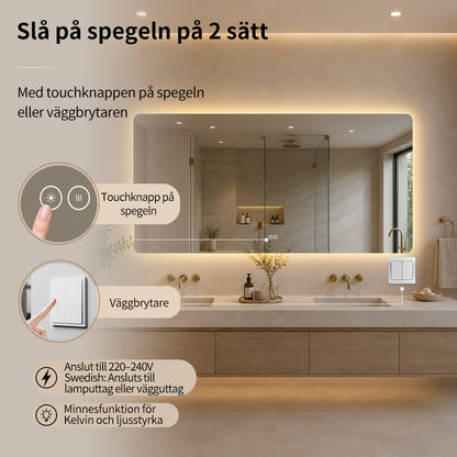 Rektangulär spegel med LED-ljus och värme, 160x80 cm