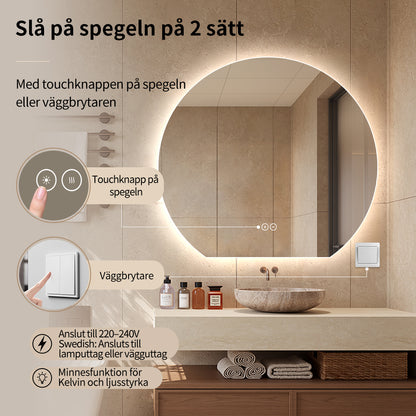 Rund spegel med LED-ljus och värme, Ø120 cm - Skuren